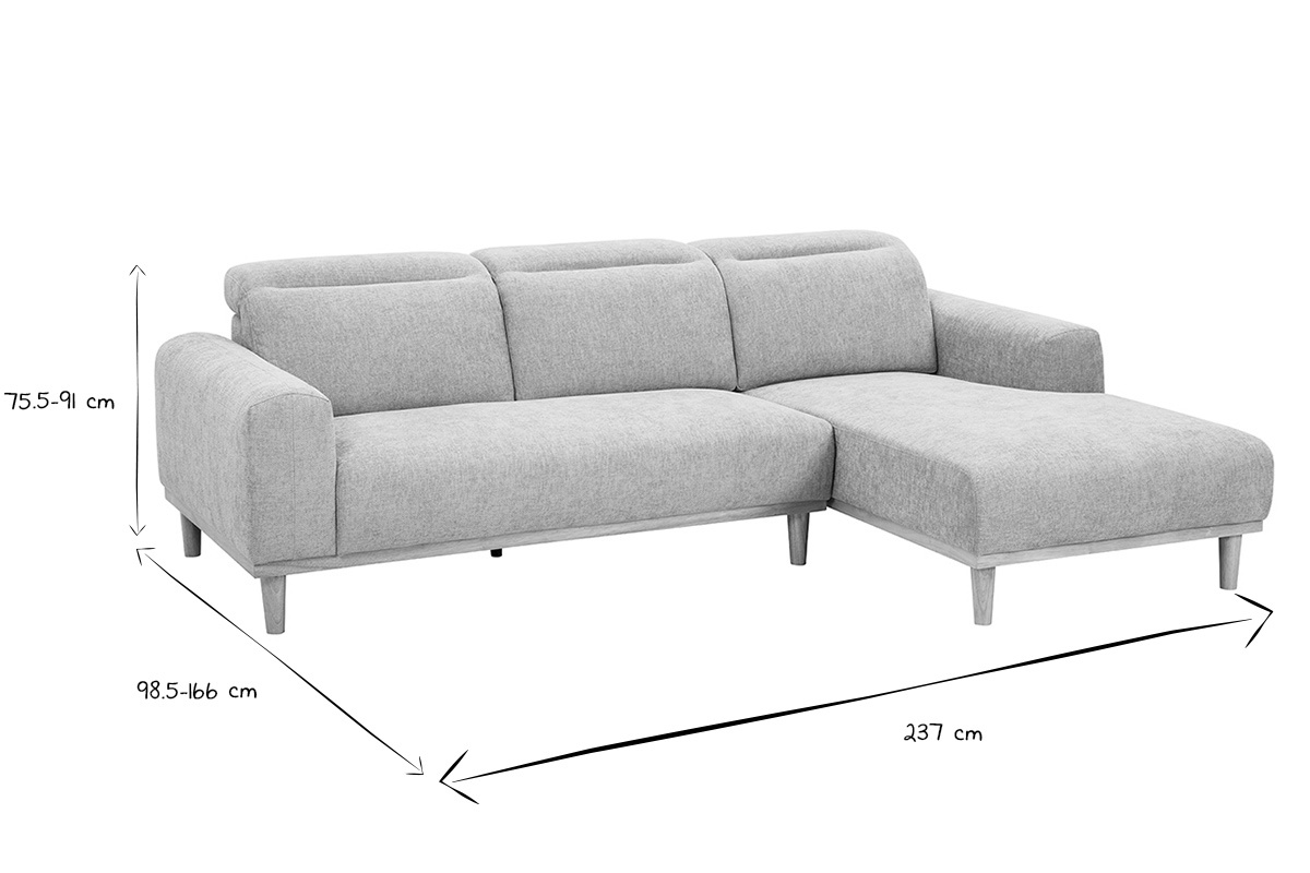 Canap� d'angle droit 3 places avec t�ti�res ajustables en tissu effet velours textur� beige et bois clair HORACIO