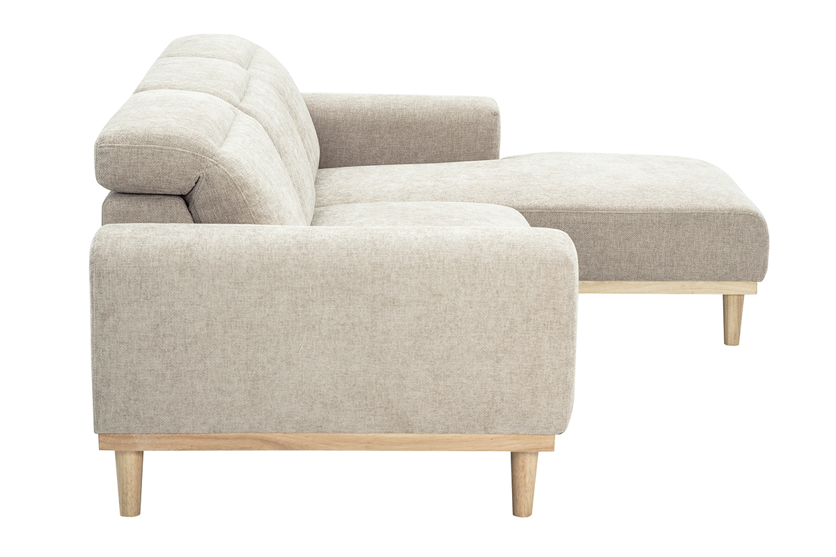 Canap� d'angle droit 3 places avec t�ti�res ajustables en tissu effet velours textur� beige et bois clair HORACIO