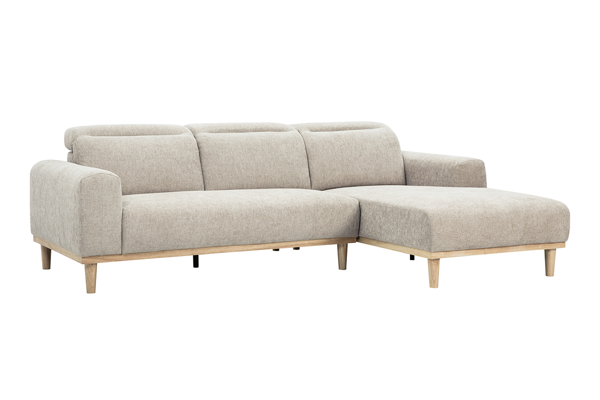 Canap� d'angle droit 3 places avec t�ti�res ajustables en tissu effet velours textur� beige et bois clair HORACIO