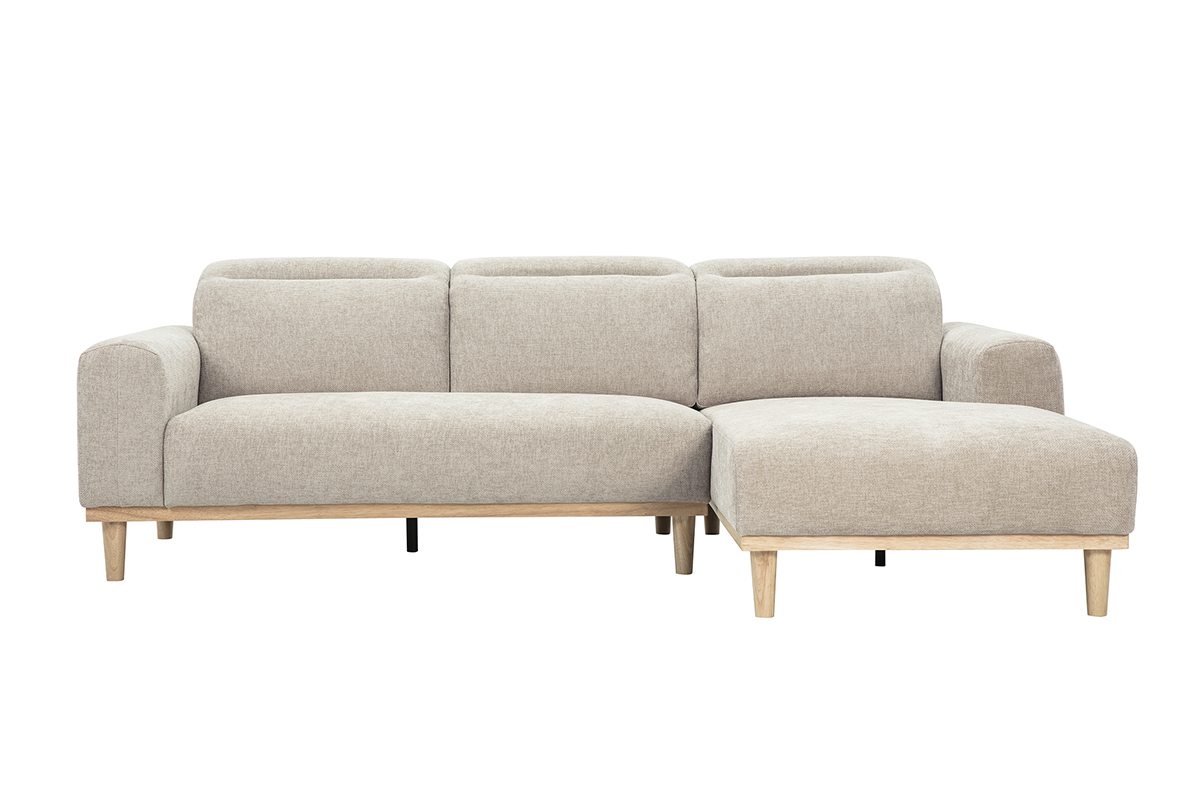 Canap� d'angle droit 3 places avec t�ti�res ajustables en tissu effet velours textur� beige et bois clair HORACIO