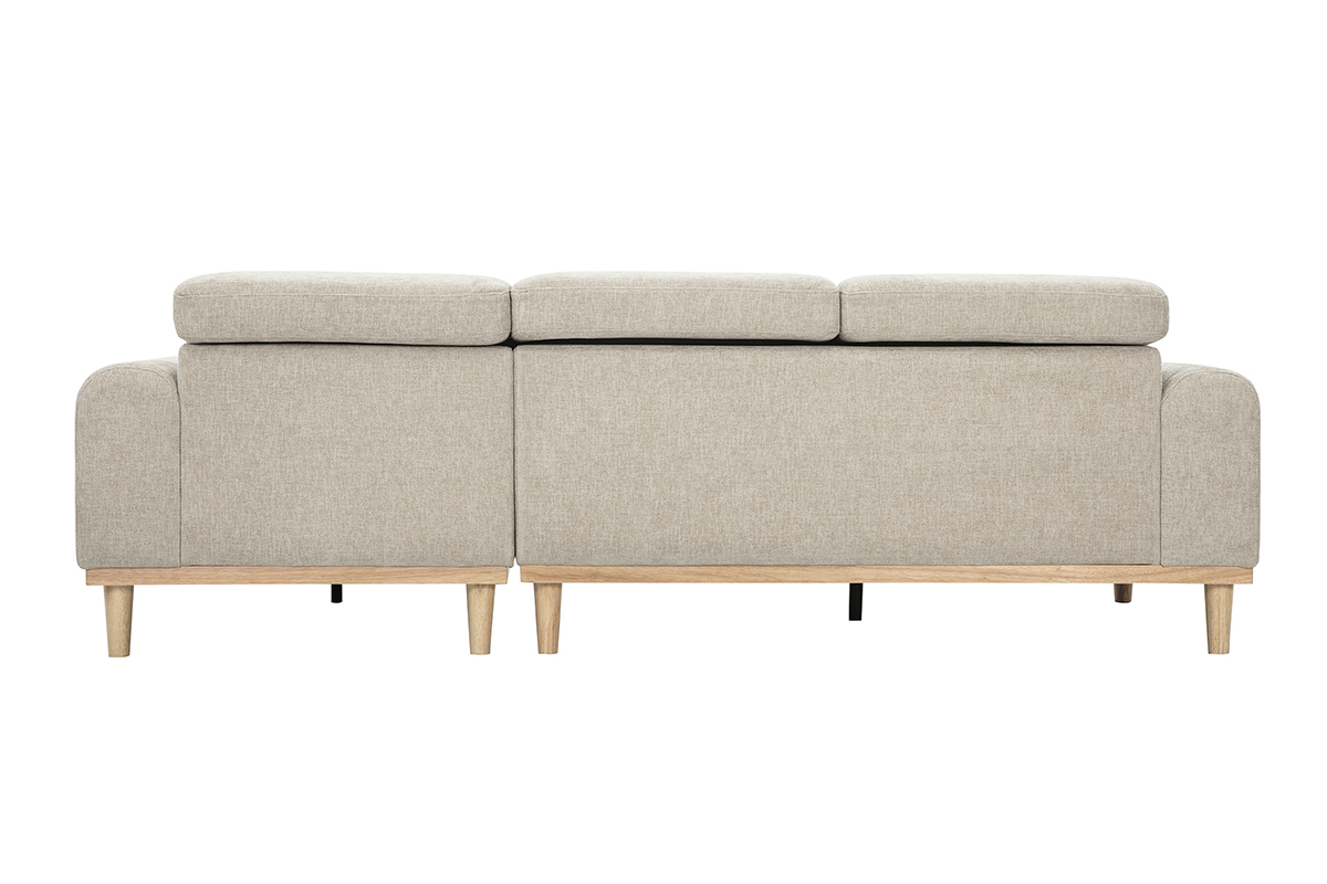 Canap� d'angle droit 3 places avec t�ti�res ajustables en tissu effet velours textur� beige et bois clair HORACIO
