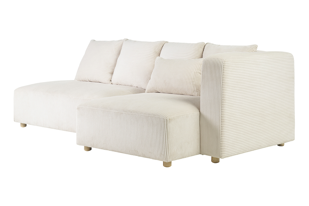 Canap d'angle droit 3 places en tissu velours ctel beige et bois clair HARLEM