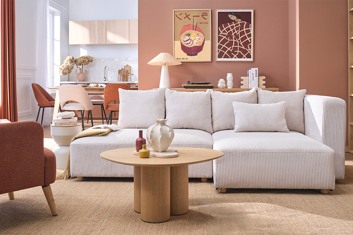 Canap� d'angle droit 3 places en tissu velours c�tel� terracotta et bois clair HARLEM