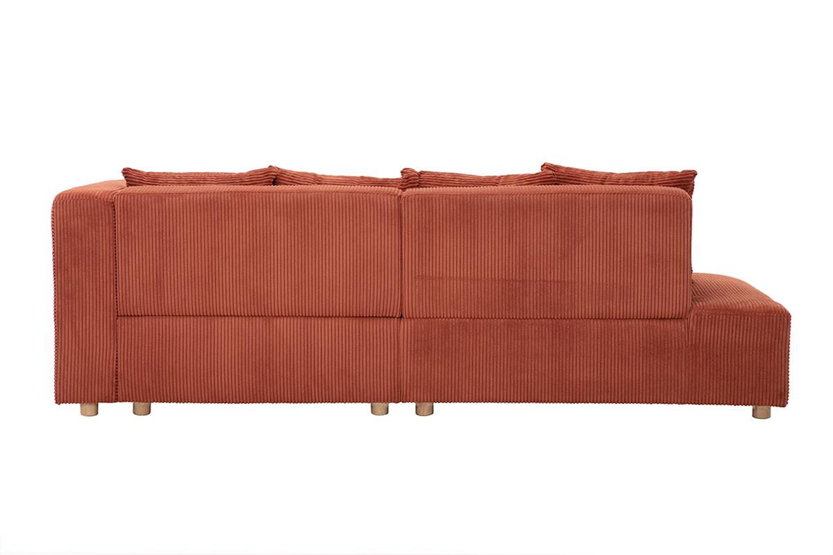 Canap� d'angle droit 3 places en tissu velours c�tel� terracotta et bois clair HARLEM