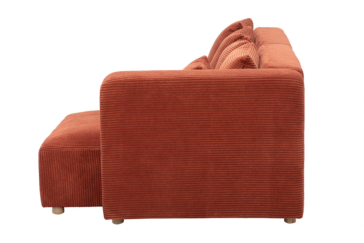 Canap� d'angle droit 3 places en tissu velours c�tel� terracotta et bois clair HARLEM