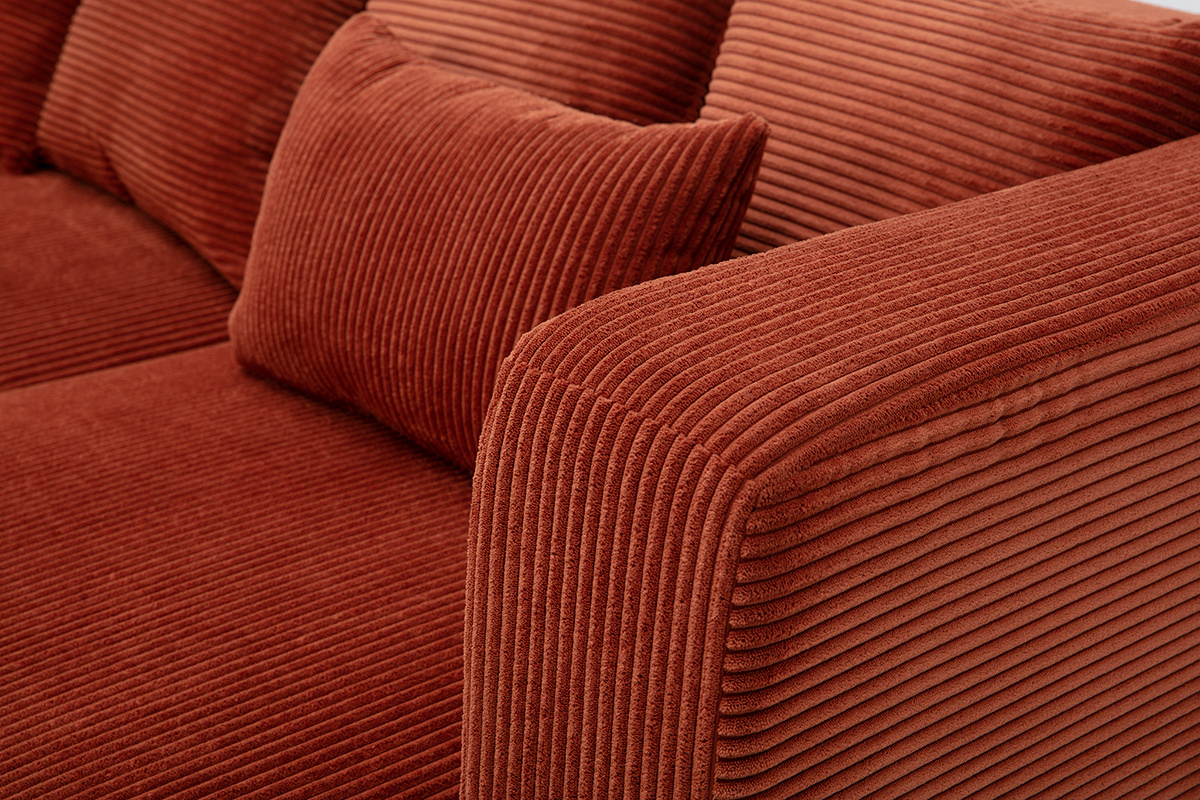 Canap� d'angle droit 3 places en tissu velours c�tel� terracotta et bois clair HARLEM
