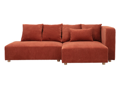 Canap&eacute; d'angle droit 3 places en tissu velours c&ocirc;tel&eacute; terracotta et bois clair HARLEM