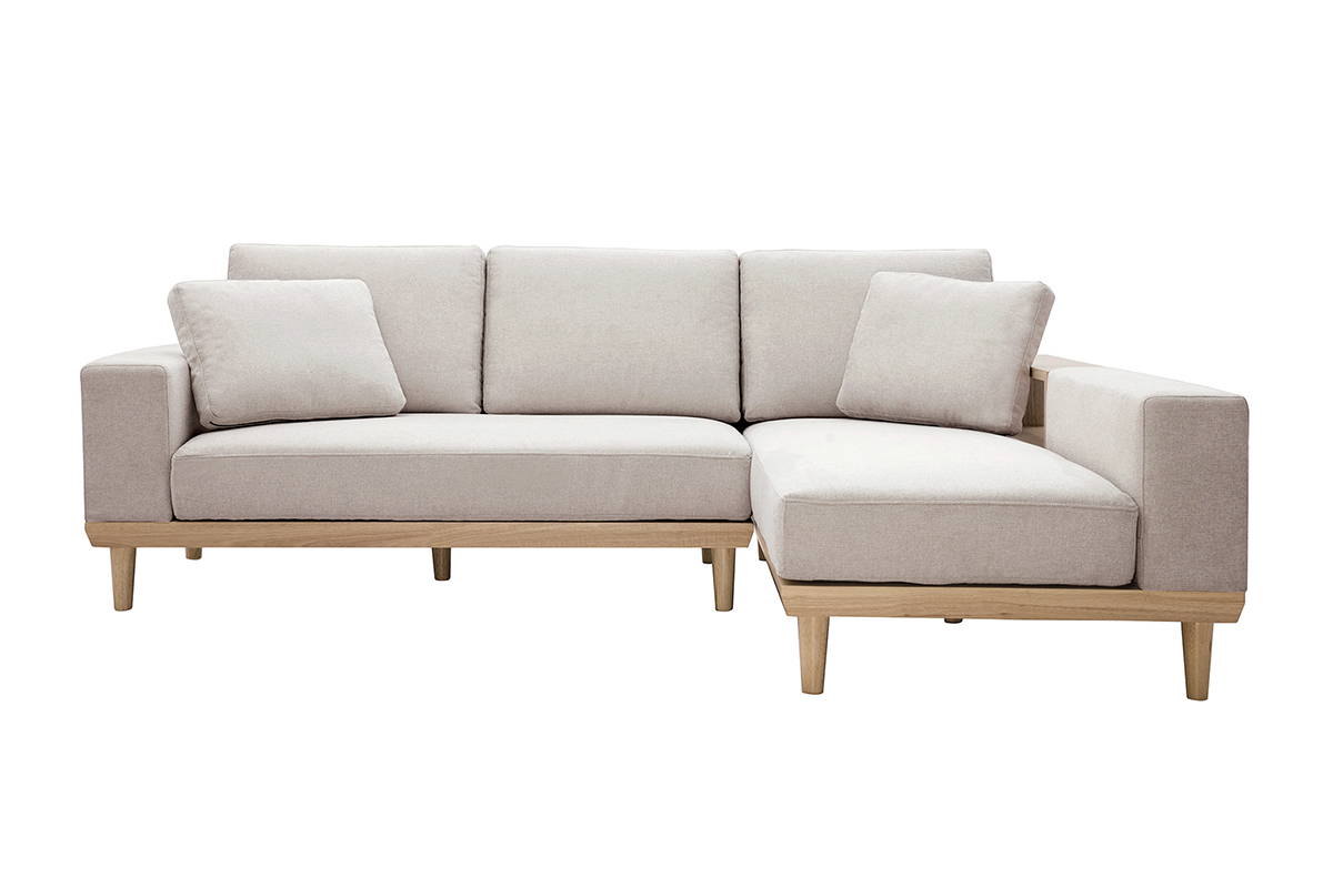 Canap d'angle droit 5 places avec rangements en tissu effet velours textur beige et bois clair KOMAO