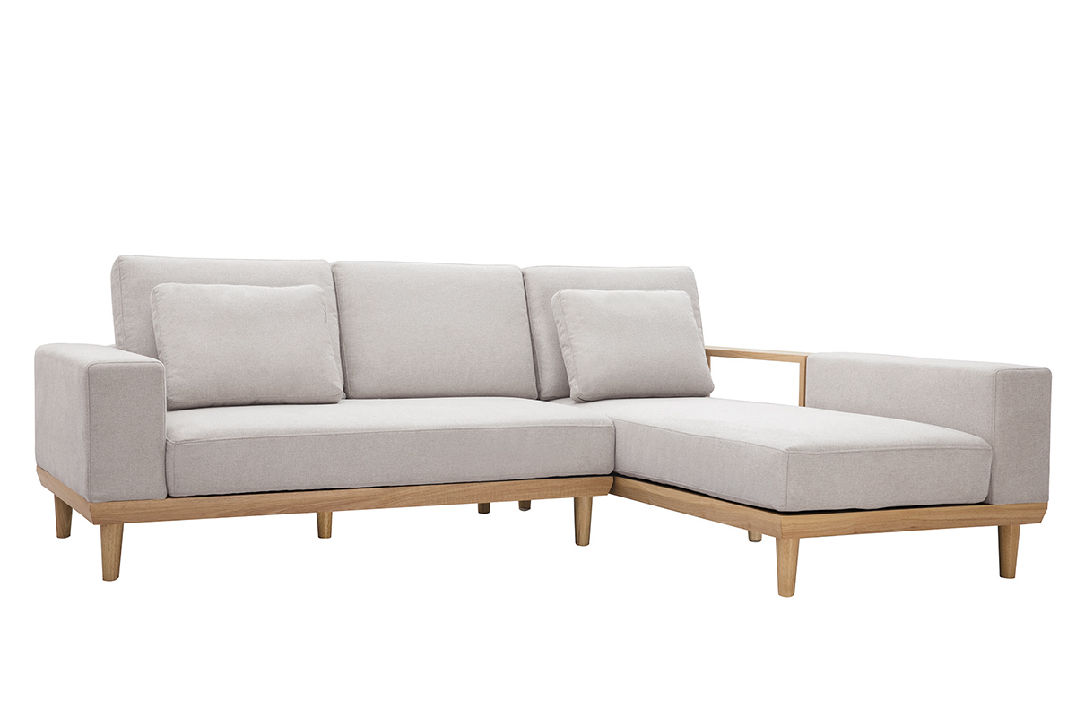 Canap d'angle droit 5 places avec rangements en tissu effet velours textur beige et bois clair KOMAO