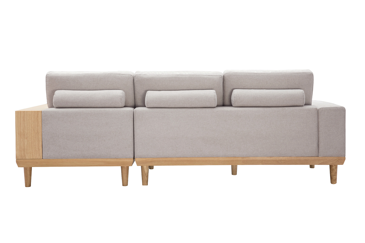 Canap d'angle droit 5 places avec rangements en tissu effet velours textur beige et bois clair KOMAO