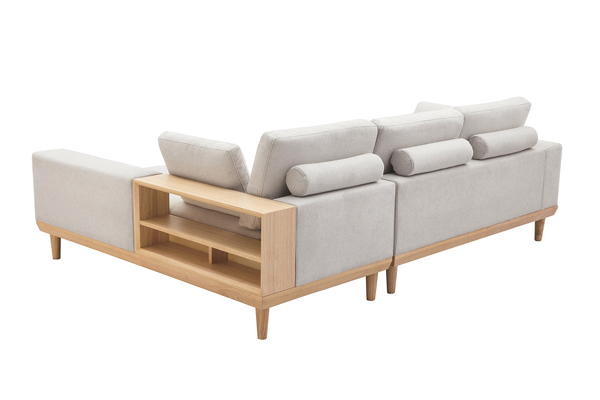 Canap d'angle droit 5 places avec rangements en tissu effet velours textur beige et bois clair KOMAO