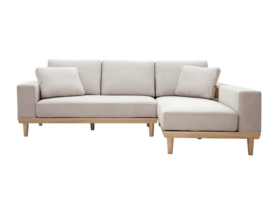 Canapé d'angle droit 5 places avec rangements en tissu effet velours texturé beige et bois clair KOMAO