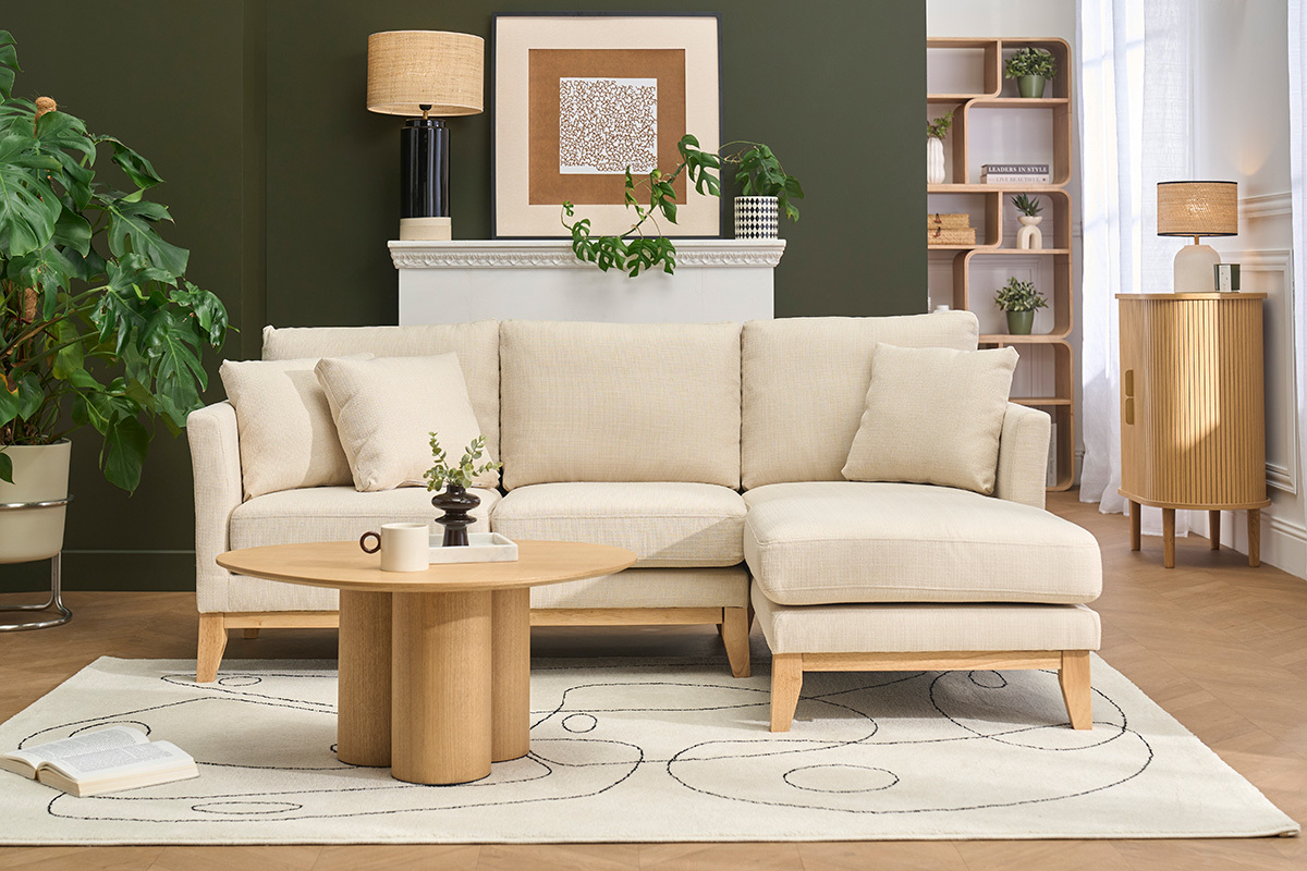 Canap� d'angle droit d�houssable 4 places en tissu beige et bois clair OSLO