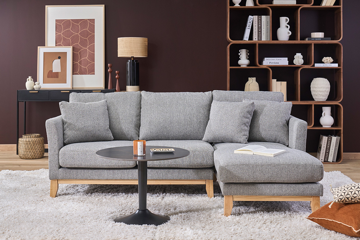 Canap� d'angle droit d�houssable scandinave 4 places en tissu gris clair et bois clair OSLO