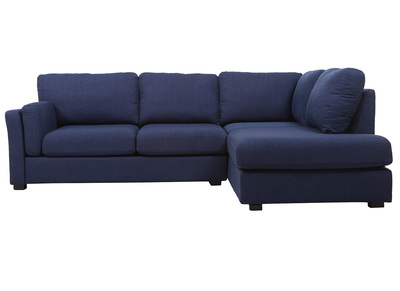 Canap&eacute; d'angle droit design 5 places tissu bleu fonc&eacute; MILORD