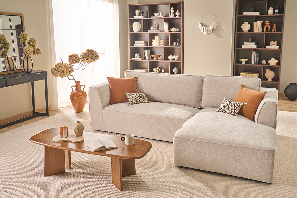 Canap� d'angle droit design en tissu effet velours textur� beige 3 places GRAMMY