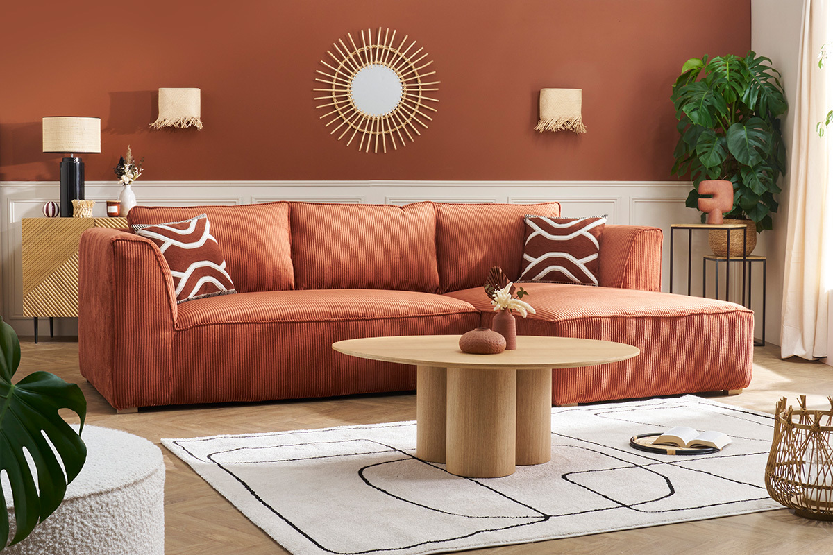 Canap d'angle droit design en tissu velours ctel terre brle 3-4 places PANAM
