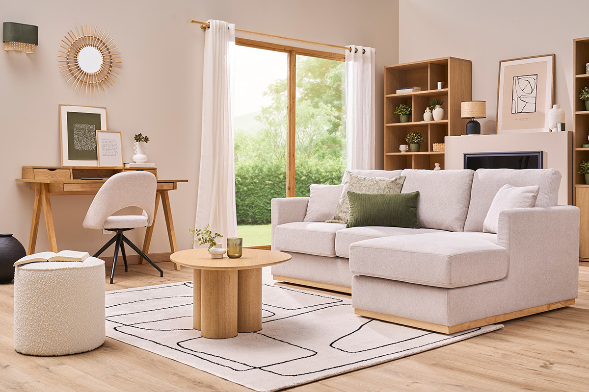 Canap d'angle droit en tissu effet velours textur beige 3 places MOSS