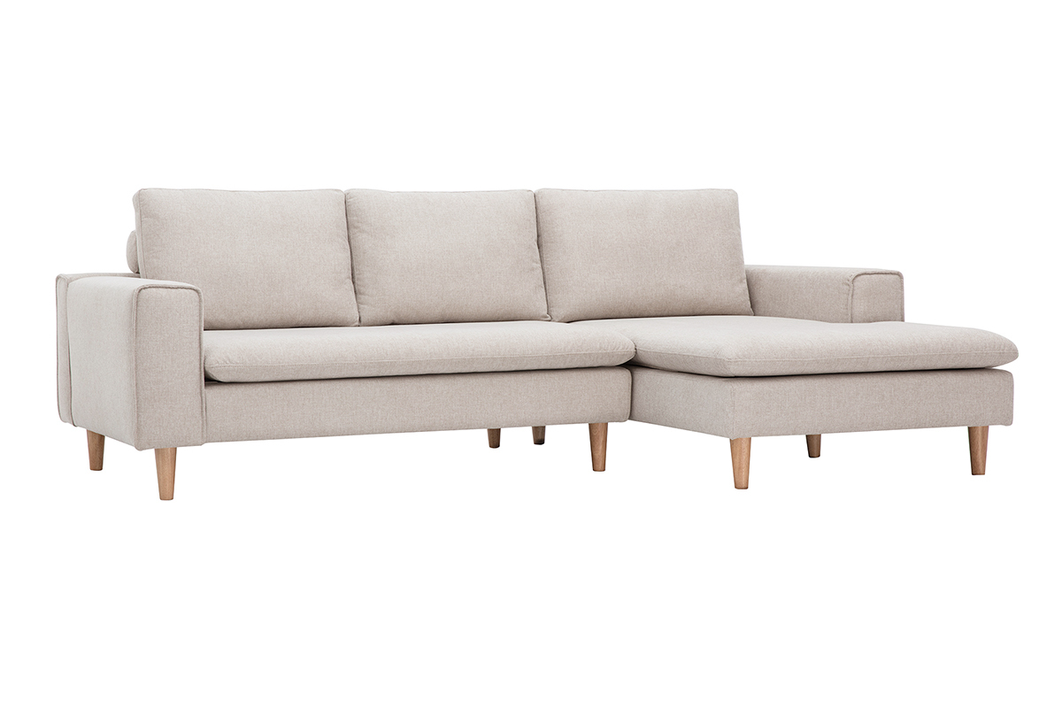 Canap� d'angle droit en tissu effet velours textur� beige et bois clair RAGNAR