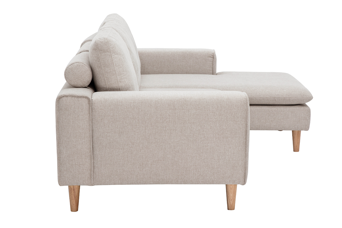 Canap� d'angle droit en tissu effet velours textur� beige et bois clair RAGNAR