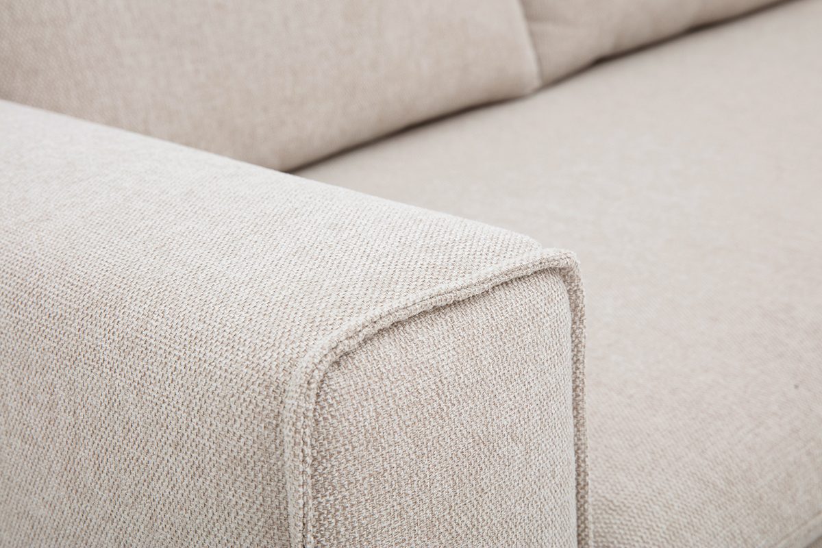 Canap� d'angle droit en tissu effet velours textur� beige et bois clair RAGNAR