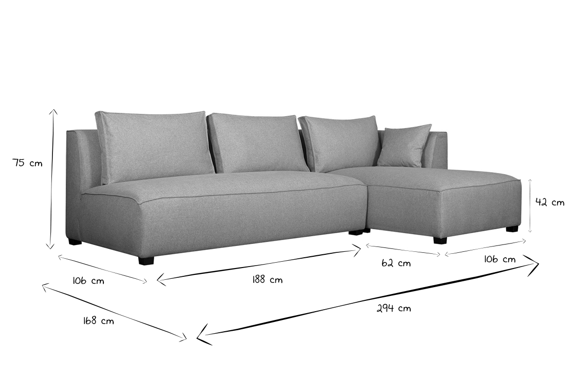 Canap d'angle droit modulable avec chauffeuse double en tissu gris clair PLURIEL