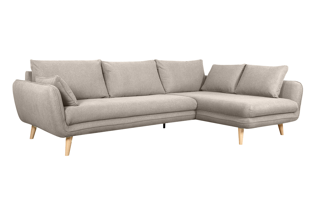 Canap d'angle droit scandinave 5 places en tissu beige et bois clair CREEP
