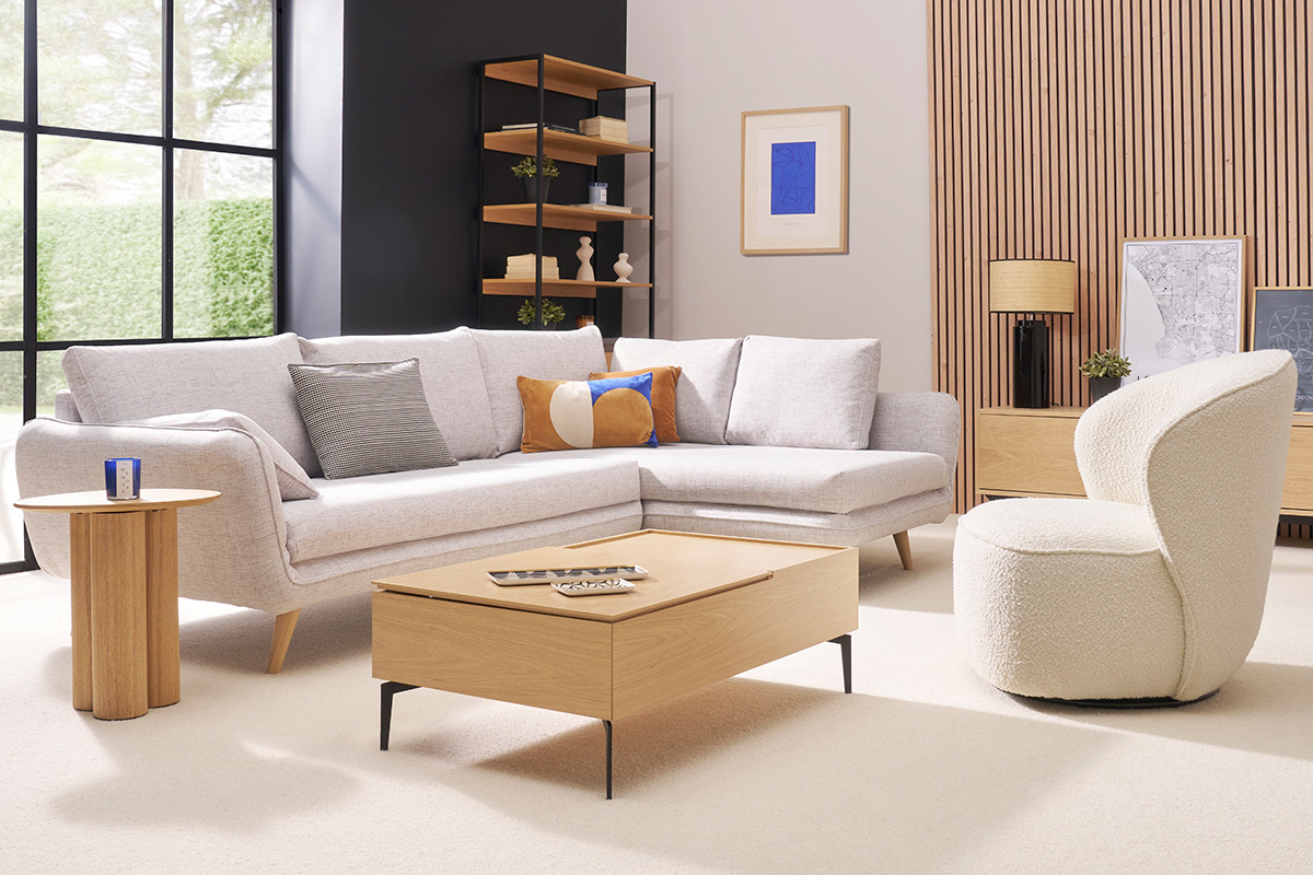 Canap d'angle droit scandinave 5 places en tissu gris clair chin et bois clair CREEP