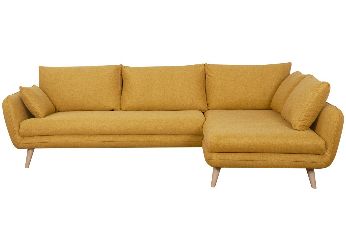 Canap d'angle droit scandinave 5 places en tissu jaune cumin et bois clair CREEP