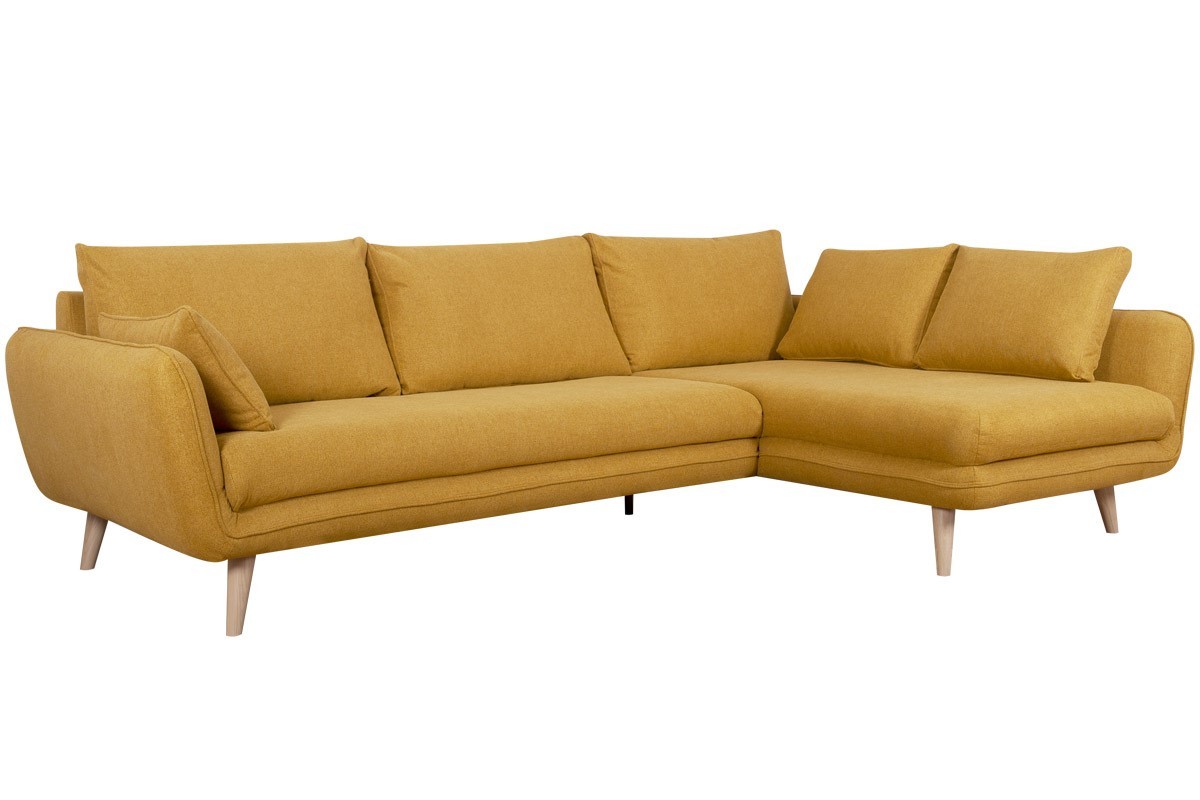 Canap d'angle droit scandinave 5 places en tissu jaune cumin et bois clair CREEP