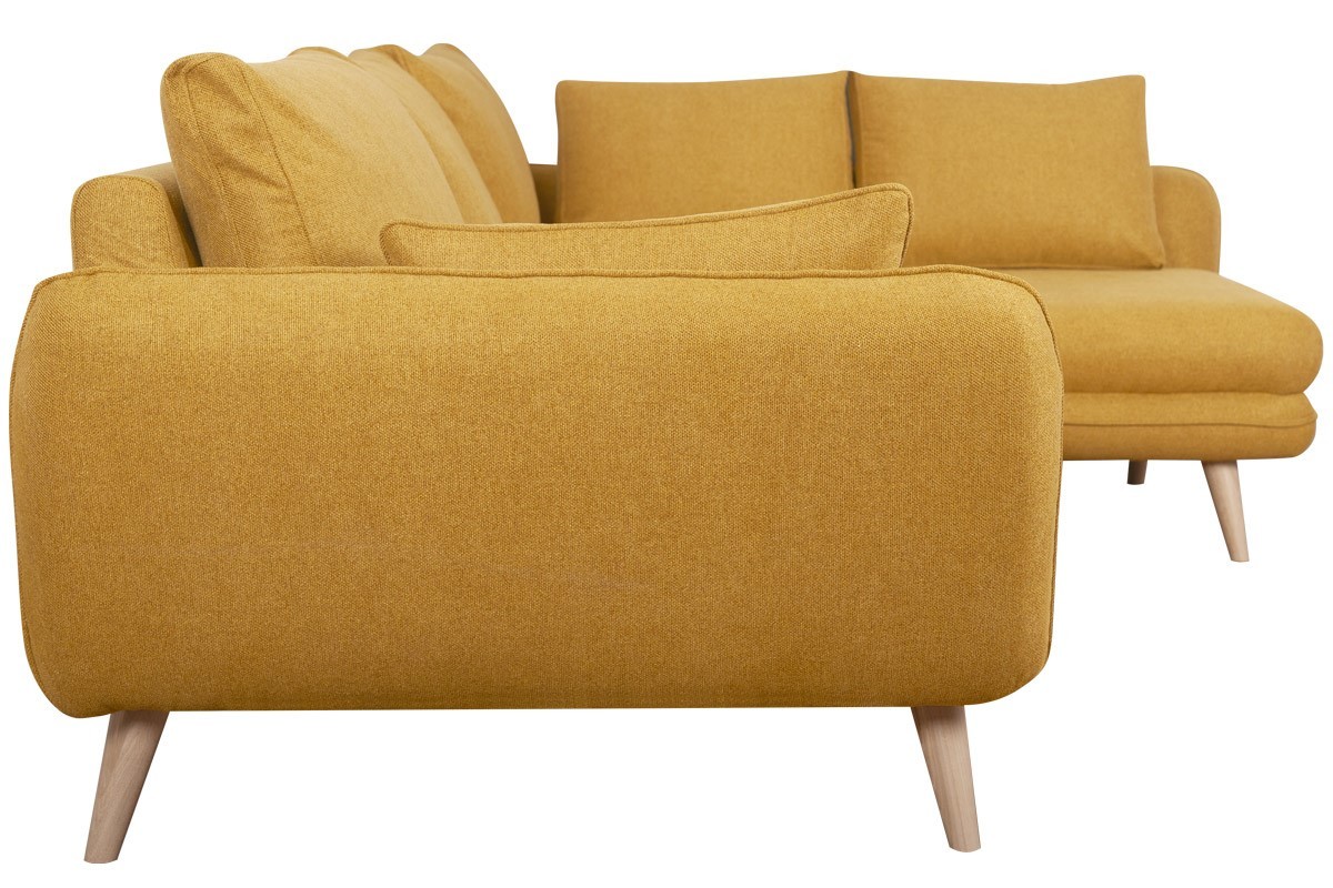 Canap d'angle droit scandinave 5 places en tissu jaune cumin et bois clair CREEP