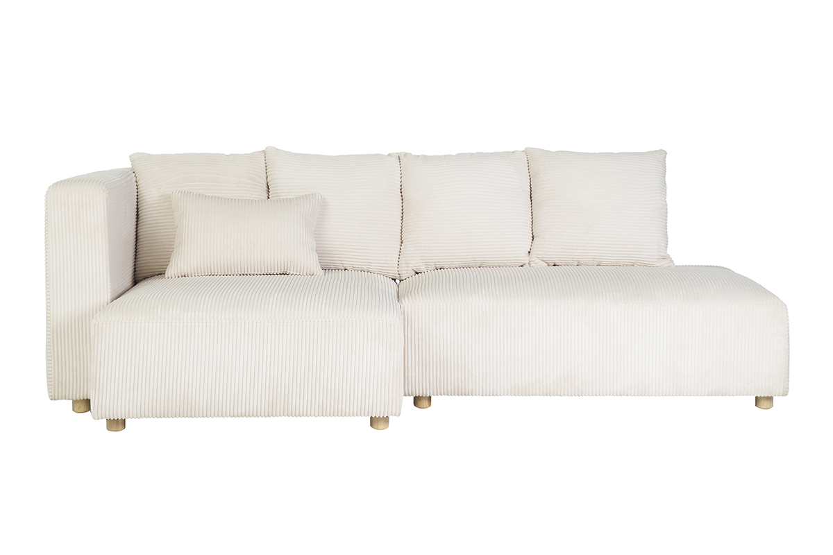 Canap d'angle gauche 3 places en tissu velours ctel beige et bois clair HARLEM