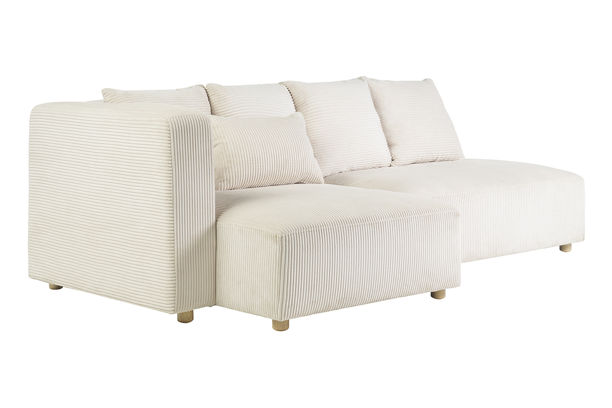 Canap d'angle gauche 3 places en tissu velours ctel beige et bois clair HARLEM