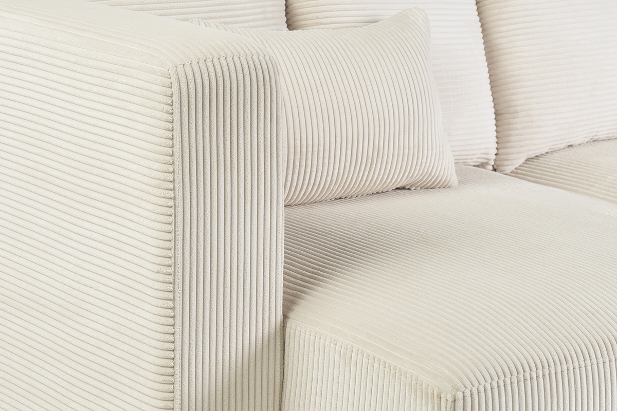 Canap d'angle gauche 3 places en tissu velours ctel beige et bois clair HARLEM