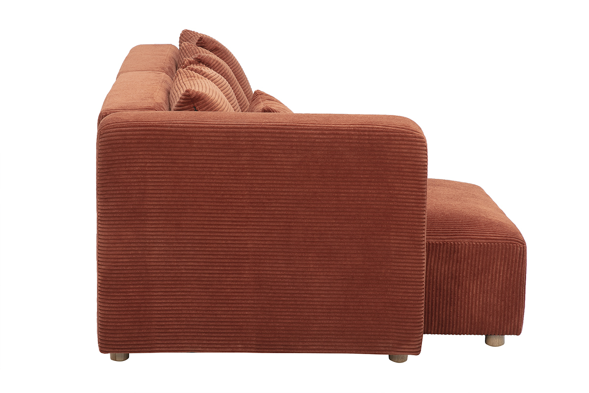 Canap� d'angle gauche 3 places en tissu velours c�tel� terracotta et bois clair HARLEM