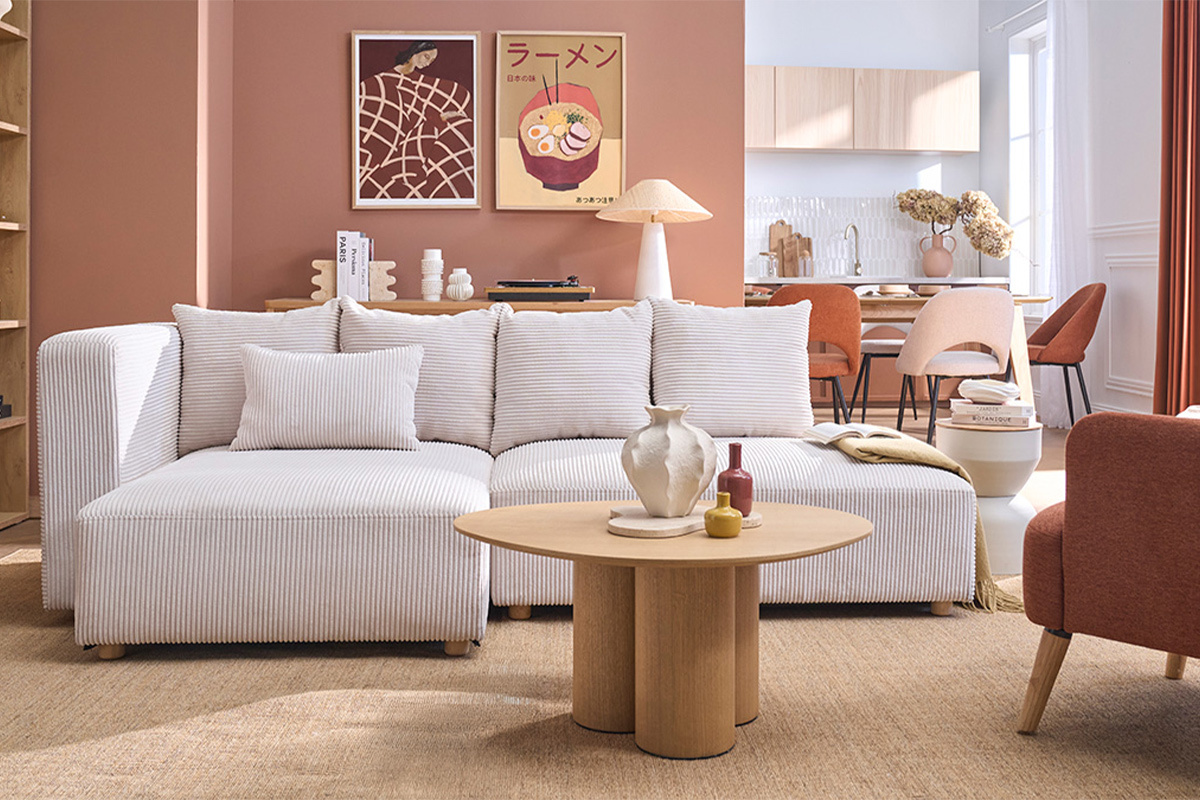 Canap� d'angle gauche 3 places en tissu velours c�tel� terracotta et bois clair HARLEM