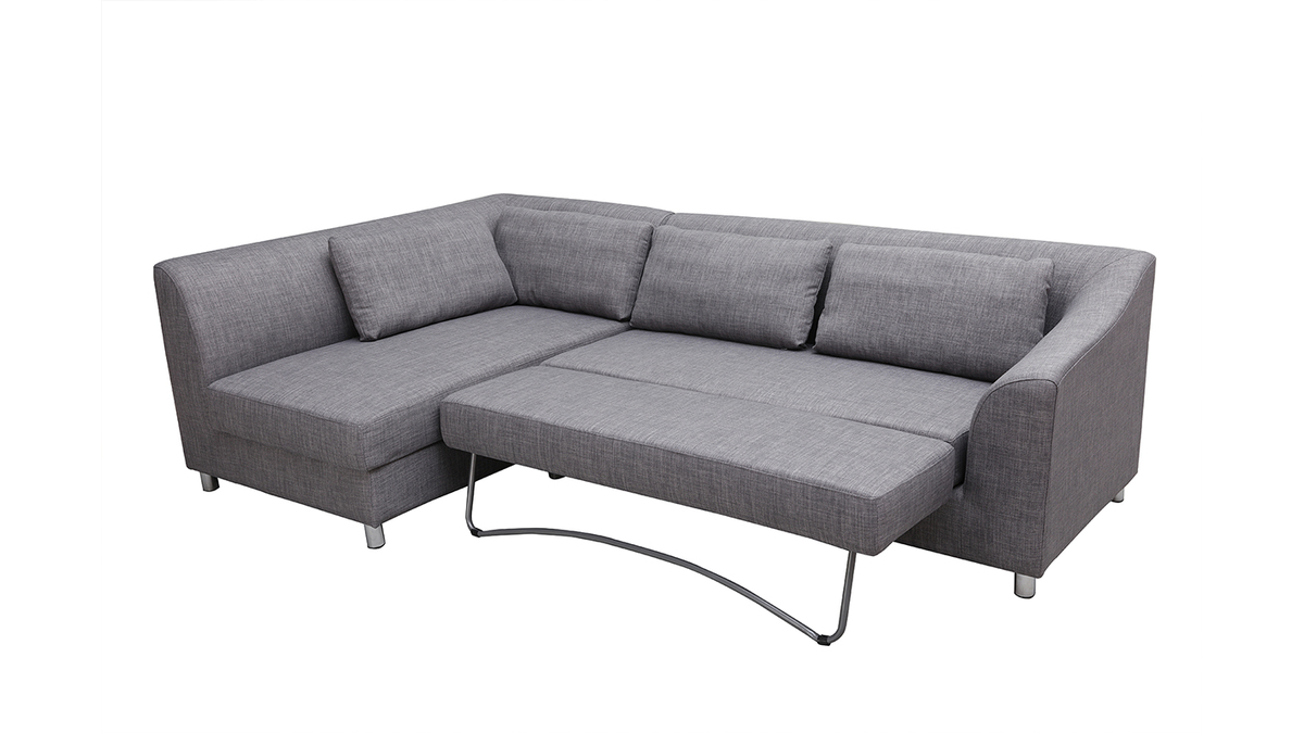 Canap d'angle gauche convertible avec coffre 3 places en tissu gris et acier chrom MIAMI