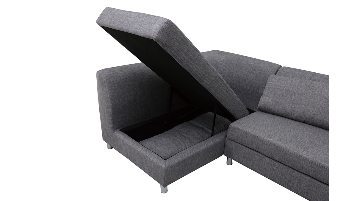 Canap d'angle gauche convertible avec coffre 3 places en tissu gris et acier chrom MIAMI