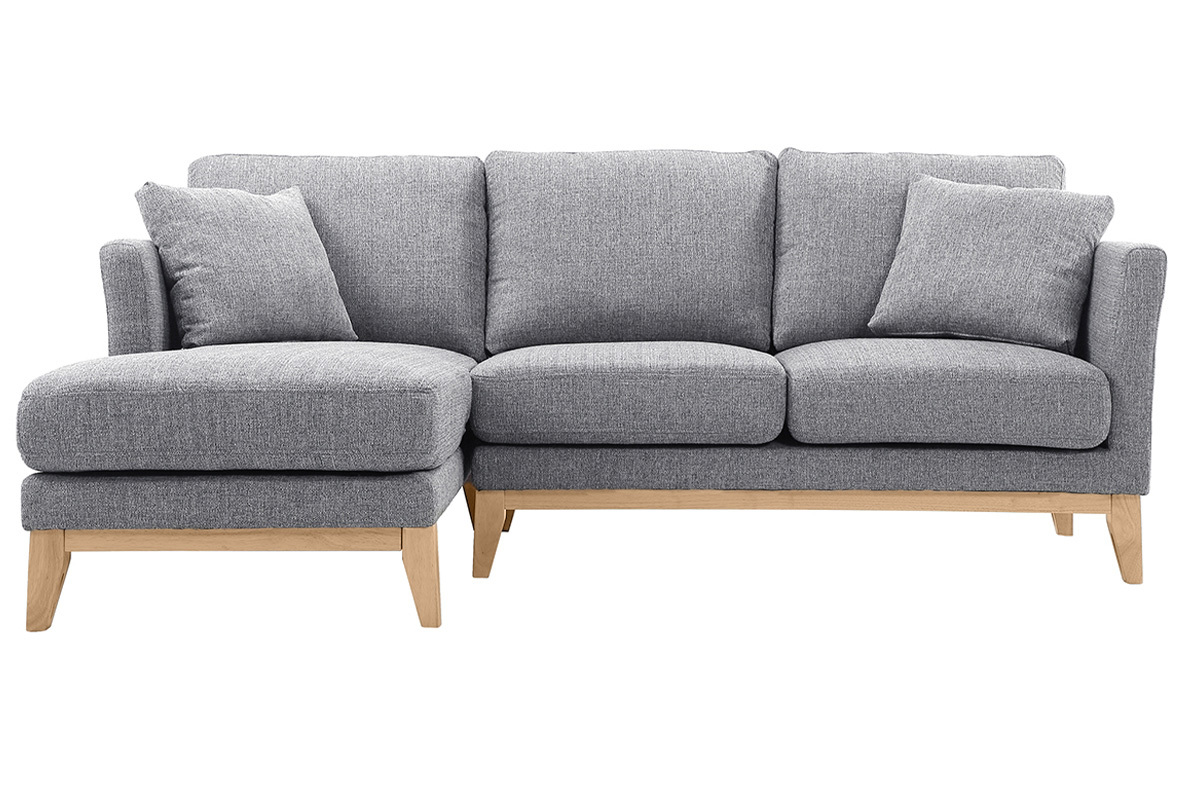 Canap d'angle gauche dhoussable scandinave 3-4 places en tissu gris clair et bois clair OSLO