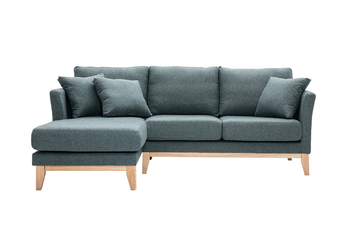 Canap d'angle gauche dhoussable scandinave en tissu vert de gris et bois clair 3-4 places OSLO