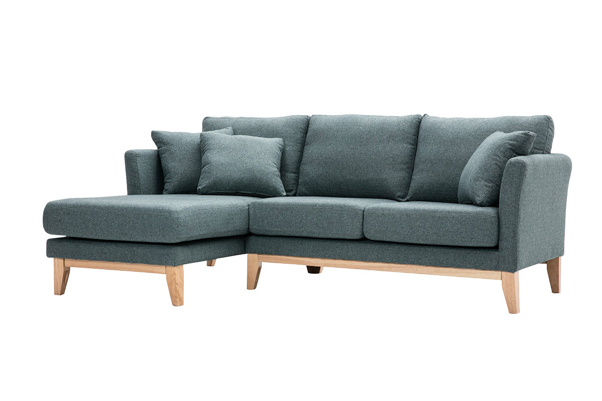 Canap d'angle gauche dhoussable scandinave en tissu vert de gris et bois clair 3-4 places OSLO