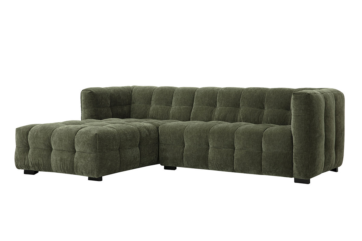 Canap d'angle gauche design 3 places en tissu effet velours vert kaki CORTO