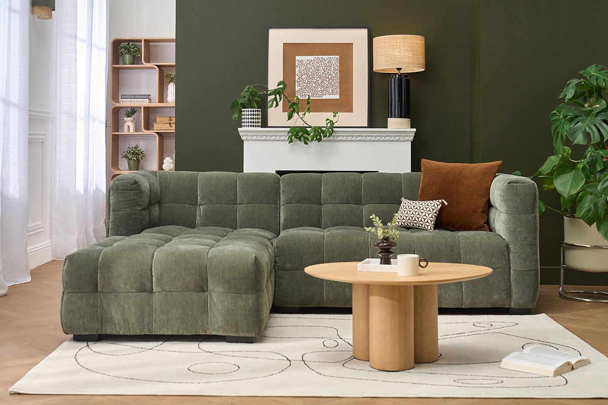 Canap� d'angle gauche design 3 places en tissu effet velours vert kaki CORTO