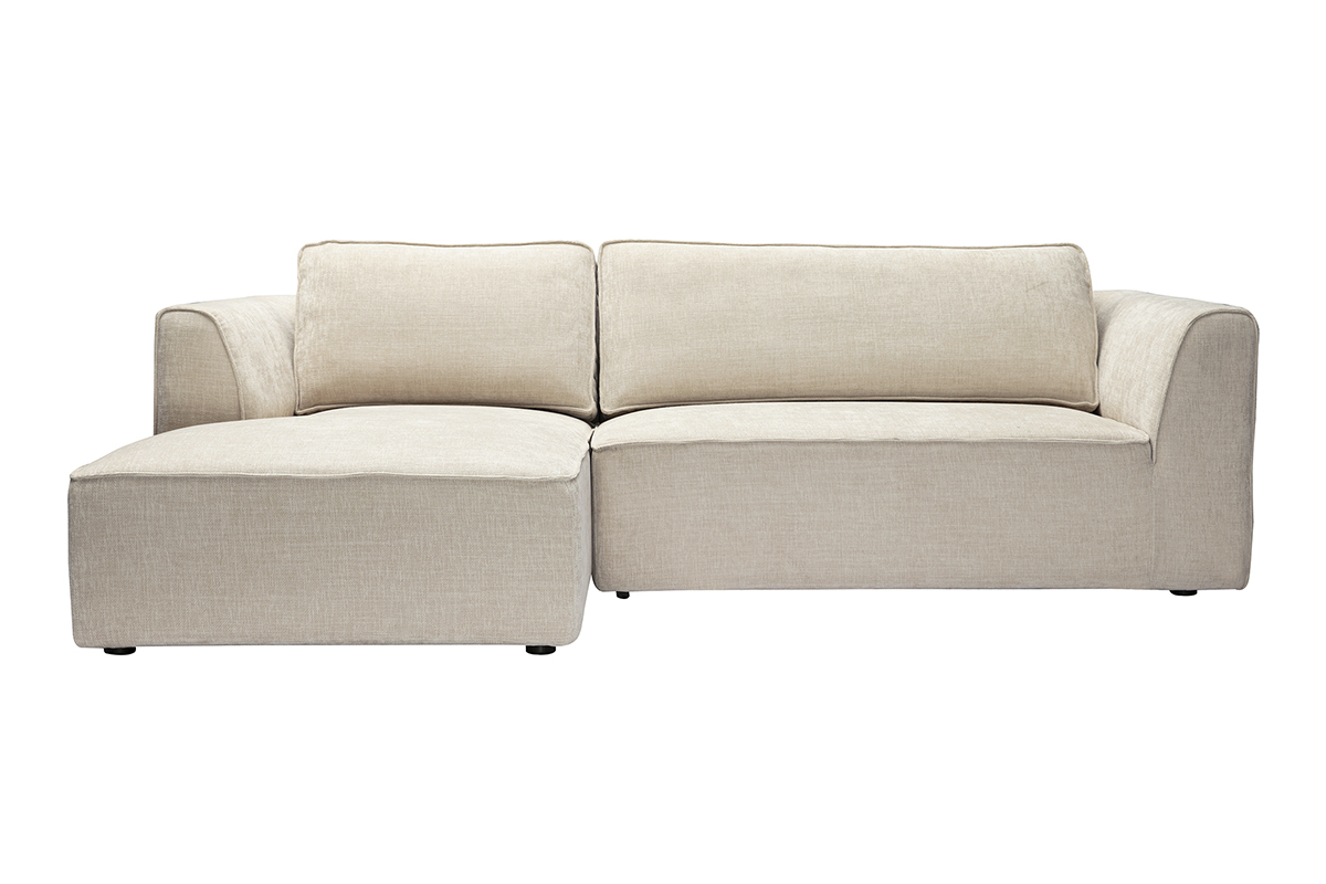 Canap� d'angle gauche design en tissu effet velours textur� beige 3 places GRAMMY