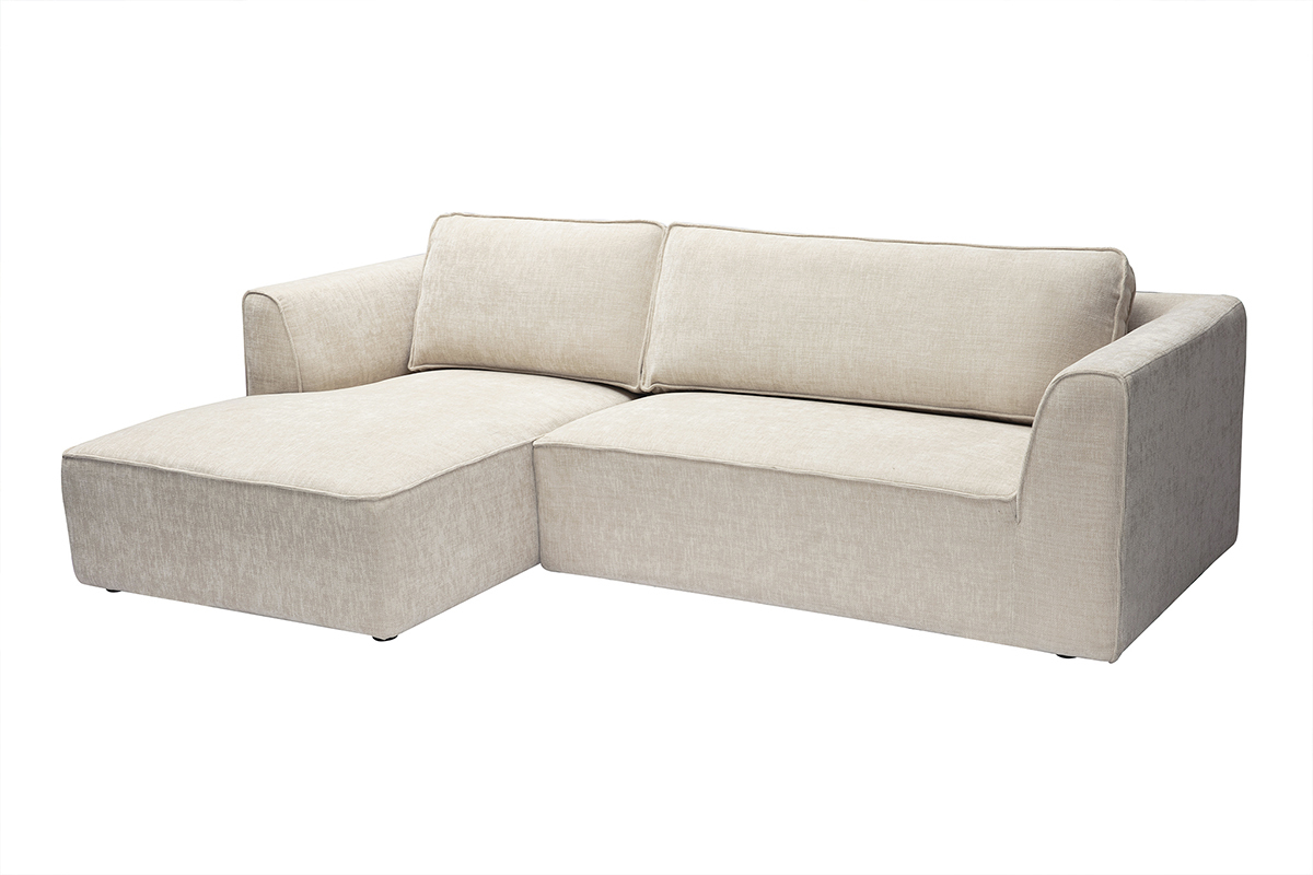 Canap� d'angle gauche design en tissu effet velours textur� beige 3 places GRAMMY