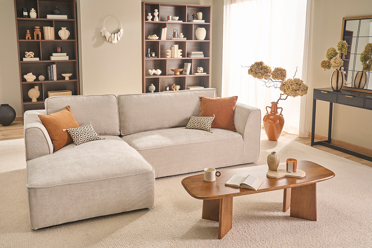 Canap� d'angle gauche design en tissu effet velours textur� beige 3 places GRAMMY