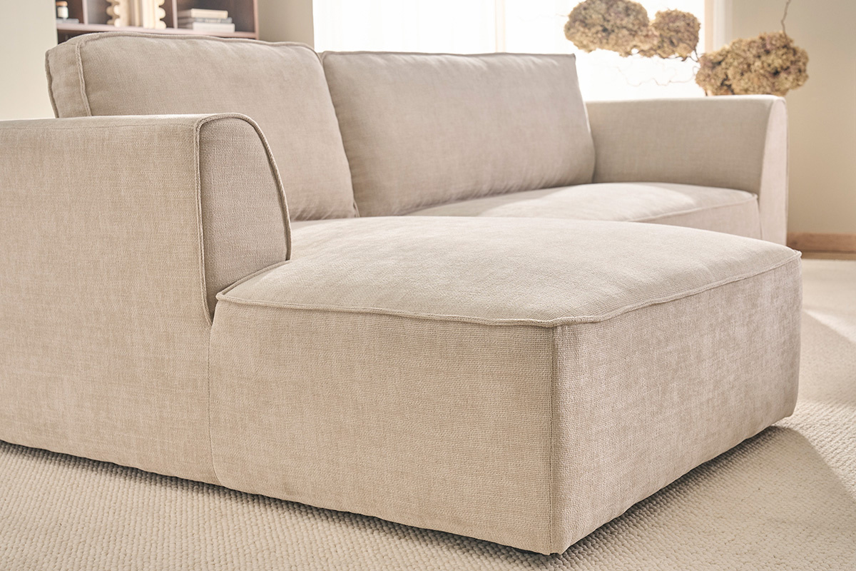 Canap� d'angle gauche design en tissu effet velours textur� beige 3 places GRAMMY