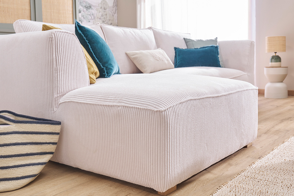 Canap d'angle gauche design en tissu velours ctel cru 3-4 places PANAM