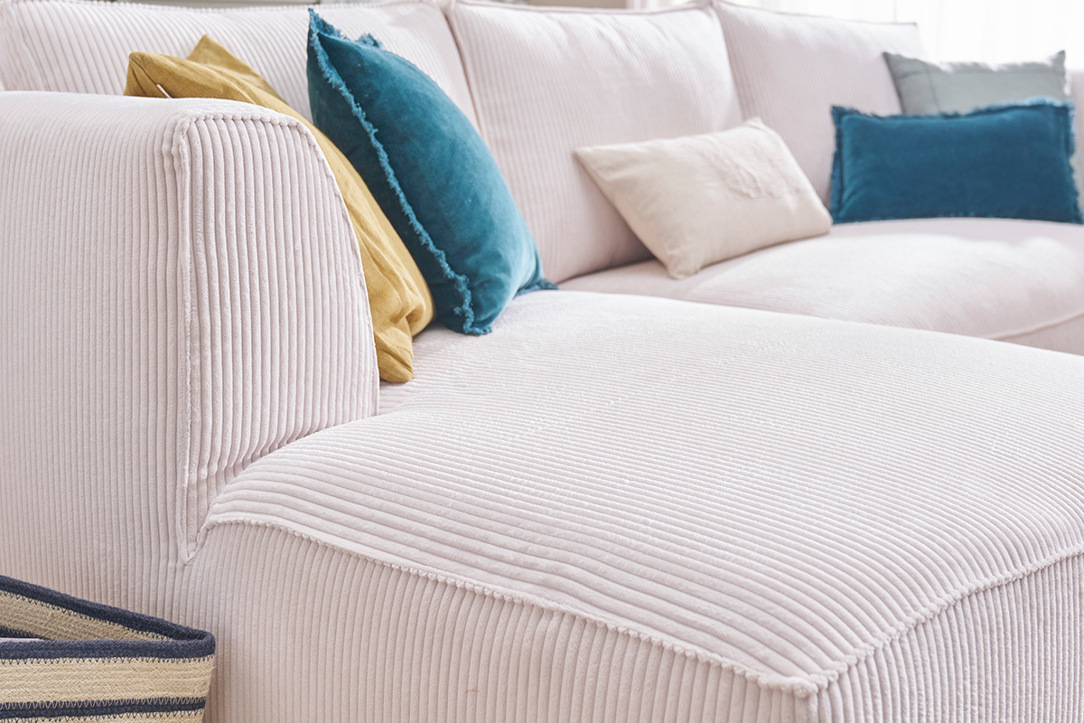 Canap d'angle gauche design en tissu velours ctel cru 3-4 places PANAM