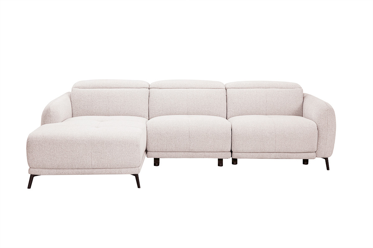 Canap� d'angle gauche �lectrique 3-4 places avec t�ti�res ajustables et repose-pieds en tissu effet velours textur� beige et m�tal TIGNES